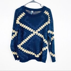 MOONLIGHT Navy Aztec Print Long Sleeve Sweater, Size Medium